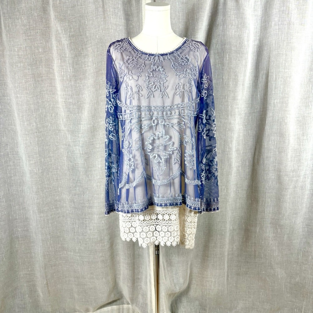 Purple‎ Sheer Embroidered Lace Dress Long Sleeve Mini Flapper Vibe Coquette M